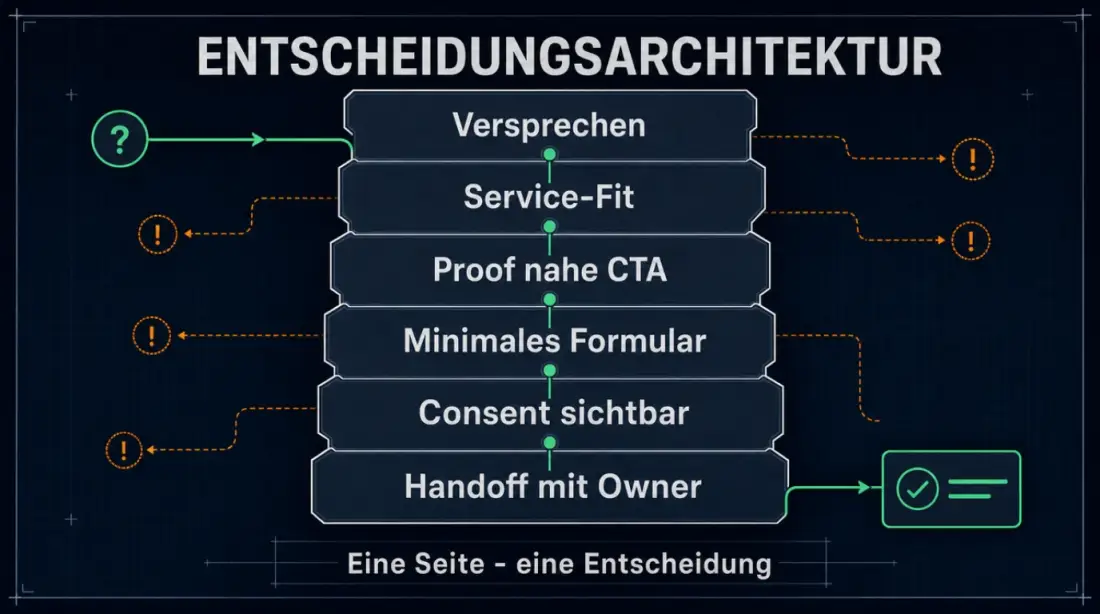 Entscheidungsarchitektur einer Landingpage mit Versprechen, Service-Fit, Proof nahe am CTA, minimalem Formular, sichtbarem Consent und Handoff mit Owner