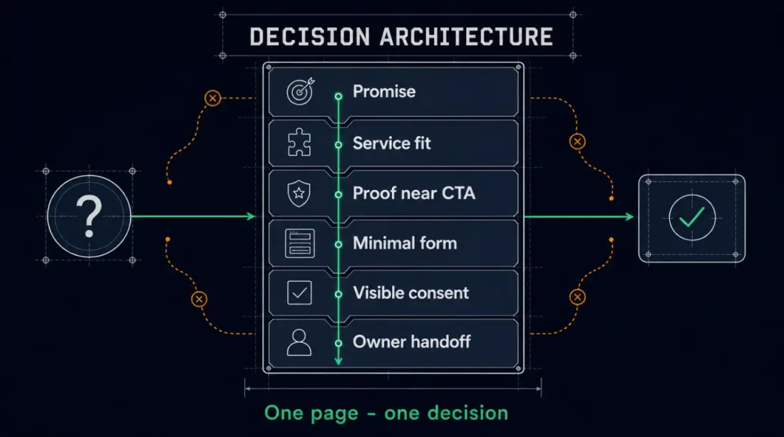 Landing page decision architecture with promise, service fit, proof near the CTA, minimal form, visible consent, and owner handoff