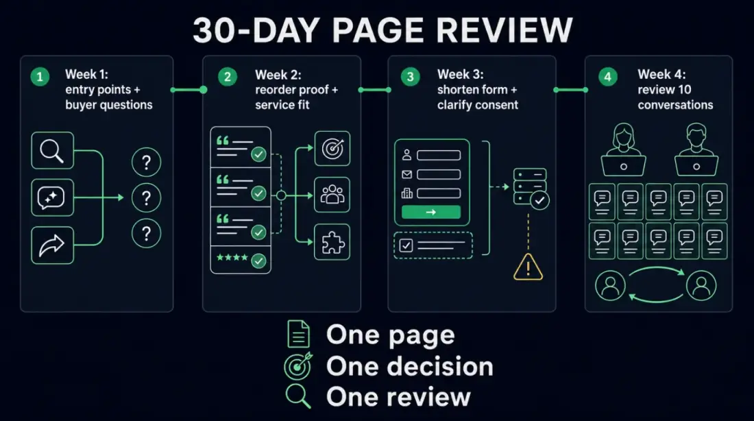 30-day review plan for one high-intent landing page across four weeks: entry points and buyer questions, proof and service fit, form and consent, ten conversations reviewed