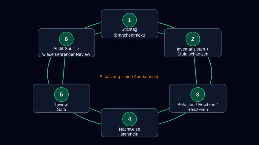 Geschlossene Evidence-Schleife vom Stichtag über Vendor-Inventar, Keep/Replace/Repatriate, Nachweise, Review-Gate und Audit-Spur