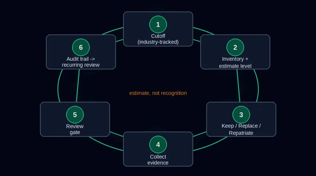 Closed evidence loop from cutoff through vendor inventory, keep/replace/repatriate, evidence collection, review gate, and audit trail