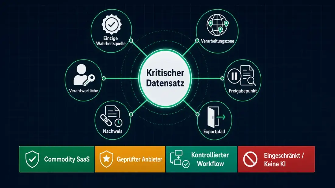 Datenlokales Betriebsmodell mit Datenkern, Verarbeitungszonen, Automatisierung, Freigabe, Nachweis, Backup und Exportpfad