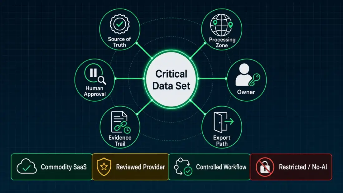 Data-local operating model with a core data set, processing zones, automation, approval, evidence trail, backup, and export path