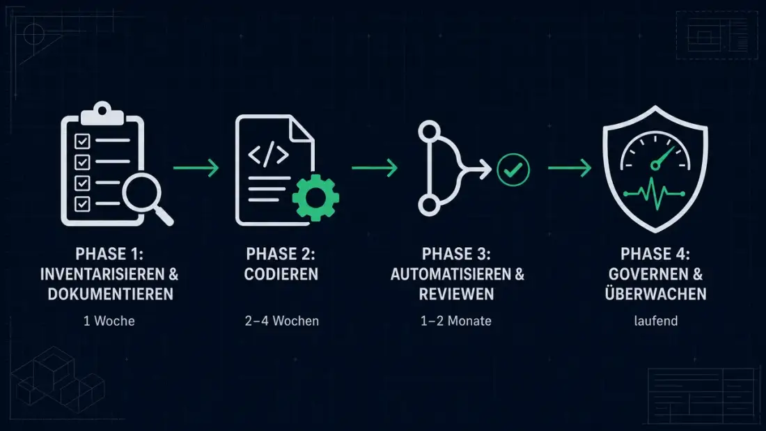 Vier Phasen vom manuellen Betrieb zur governeten Infrastruktur: Inventarisieren, Codieren, Automatisieren, Governen