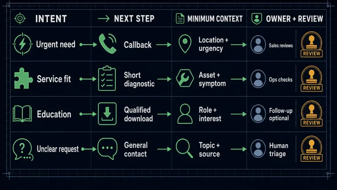 Lead path matrix connecting visitor intent to next step, minimum context, owner, and human review