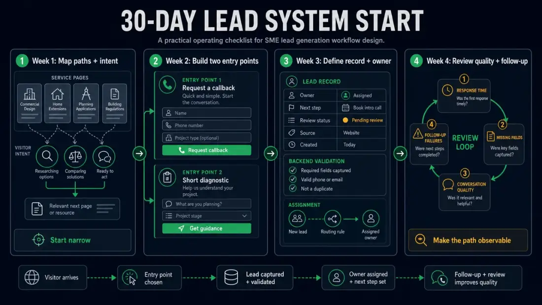 30-day start plan for a lead system: map paths and intent, build two entry points, define record and owner, review quality and follow-up