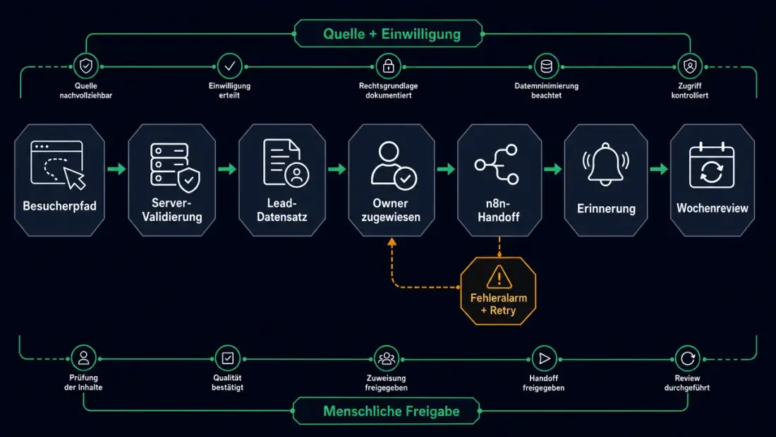 Workflow-Karte vom Besucherpfad zur validierten Lead-Erfassung, Owner-Zuweisung, n8n-Handoff, Erinnerung und menschlichen Freigabe