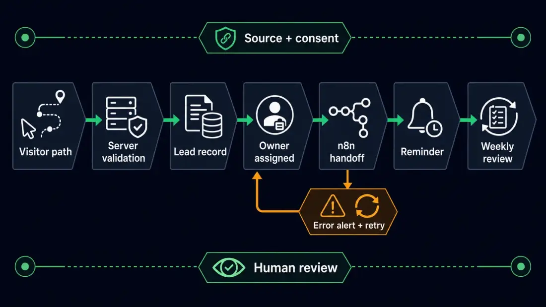 Workflow map from visitor path to validated lead capture, owner assignment, n8n handoff, reminder, and human review