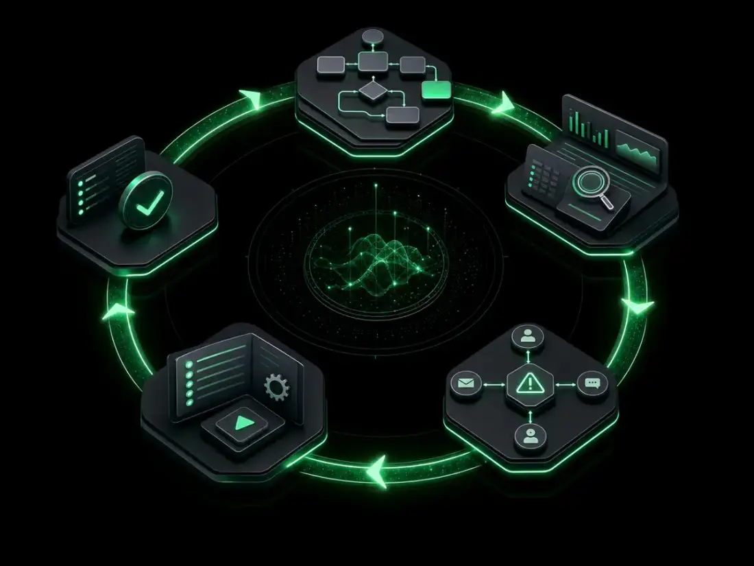 Language-neutral signal map: business workflow, signal, alert, owner, runbook, and review as a closed operating cycle