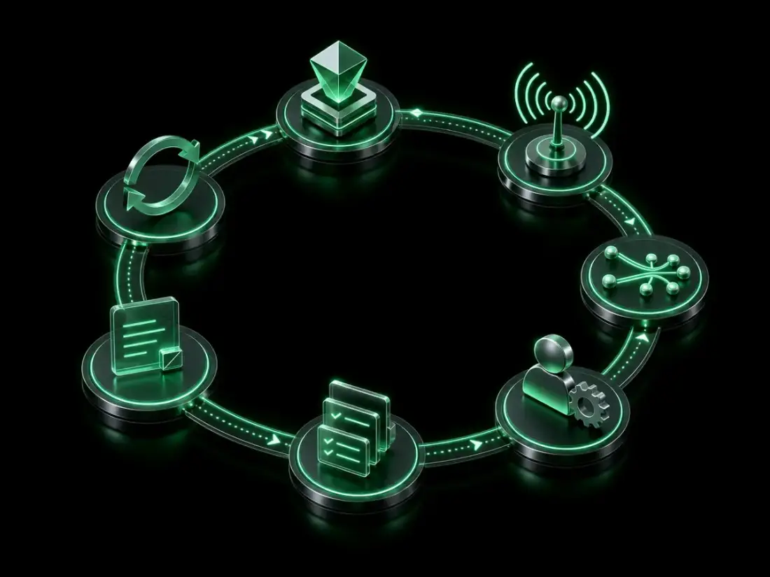 Process visual: a critical workflow becomes a signal, alert route, owner action, runbook, and review loop