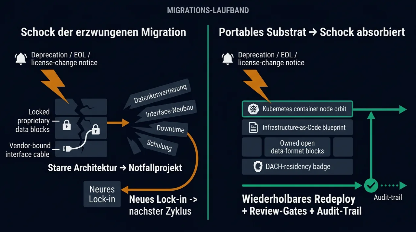 Vom Migrations-Laufband zum Absorber-Modell: eine erzwungene Migration wird von portabler Infrastruktur absorbiert und zum wiederholbaren Redeploy