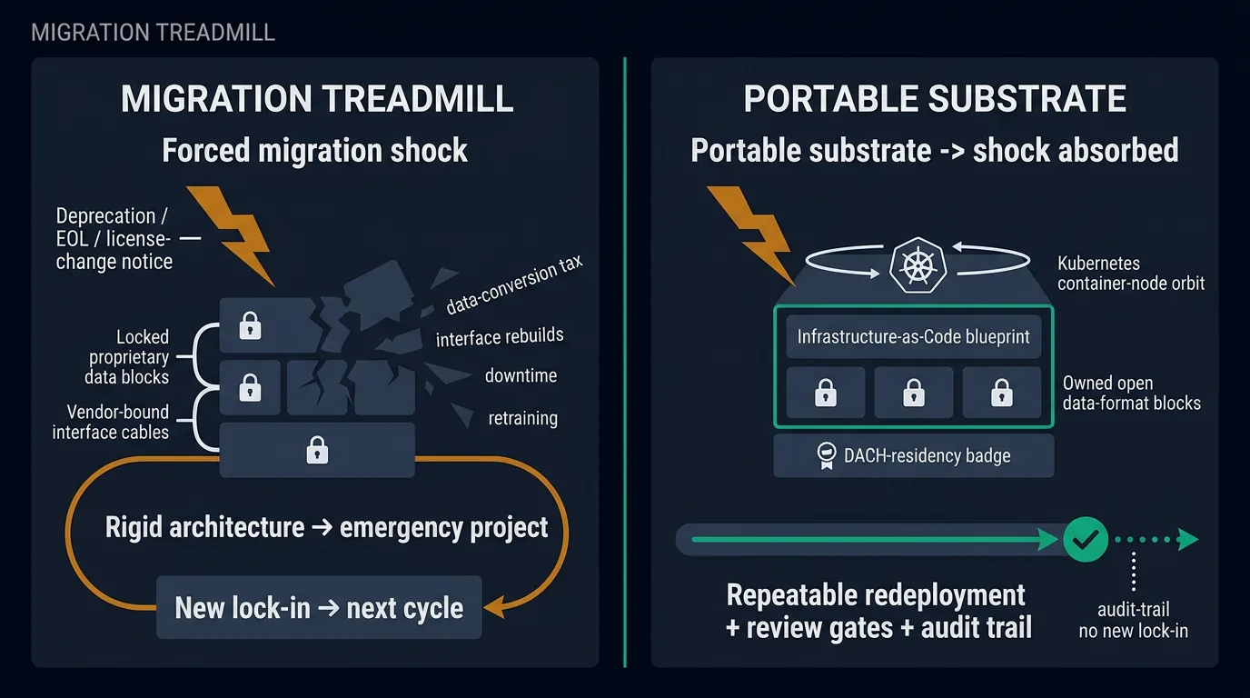 From the migration treadmill to the absorber model: a forced migration is absorbed by portable infrastructure and turned into a repeatable redeployment