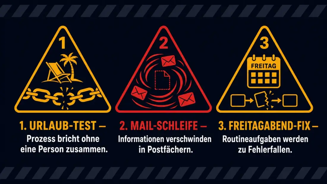 Drei Warnsignale personenabhängiger Betriebsprozesse: Urlaub-Test, Mail-Schleife, Freitagabend-Fix