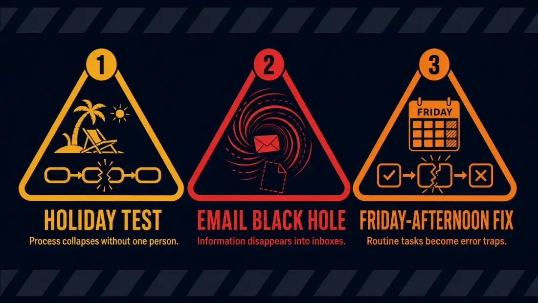 Three warning signs of person-dependent operations: holiday test, email black hole, Friday-afternoon fix