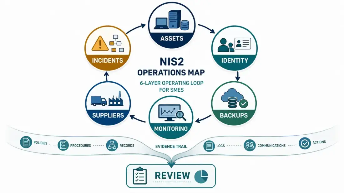 NIS2-Operations-Map mit sechs Ebenen: Assets, Identität, Backups, Monitoring, Lieferanten und Incident-Loop als geschlossener Review-Prozess