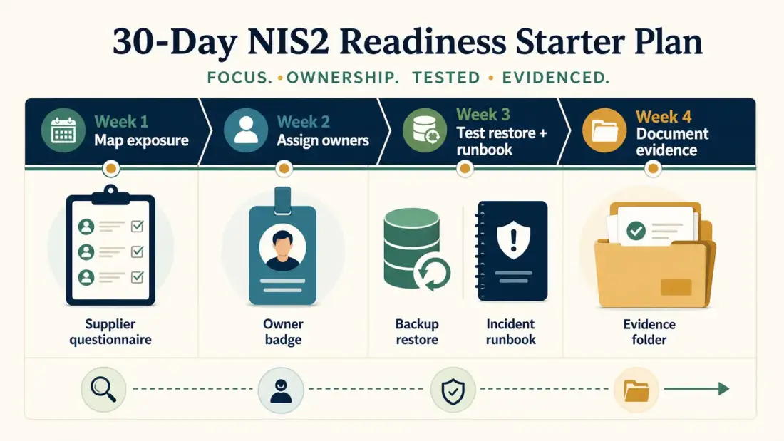 30-Tage-Startplan für NIS2-Readiness mit vier Wochen: Exposure kartieren, Eigentümer zuweisen, Restore und Runbook testen, Nachweise dokumentieren