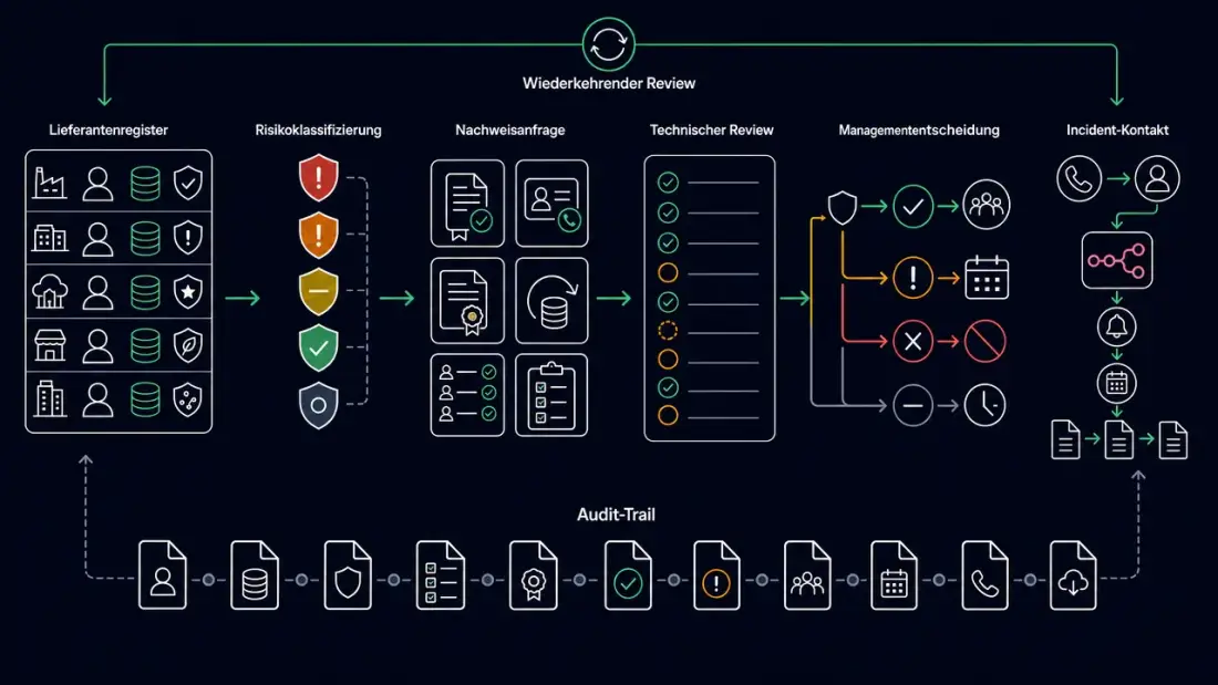 Lieferantenrisiko-Workflow mit Register, Evidenzanfrage, technischem Review, Managemententscheidung, Incident-Kontakt und wiederkehrendem Review