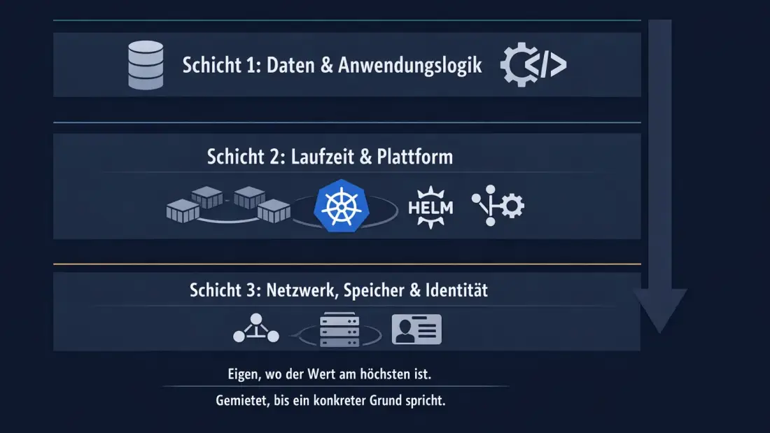 Entscheidungsrahmen für Plattform-Eigentum: Daten und Anwendungslogik zuerst, dann Laufzeit, zuletzt Netzwerk und Identität