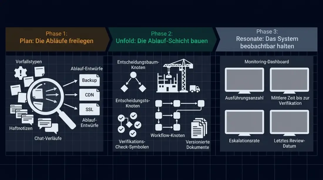Planfold-Methodik für Runbook-gesteuerte Abläufe: Die drei Phasen Plan (Abläufe freilegen), Unfold (Runbook-Schicht bauen) und Resonate (System beobachtbar halten) als horizontaler Prozessfluss mit Entscheidungsbäumen, Verifikations-Checks und Monitoring-Dashboard
