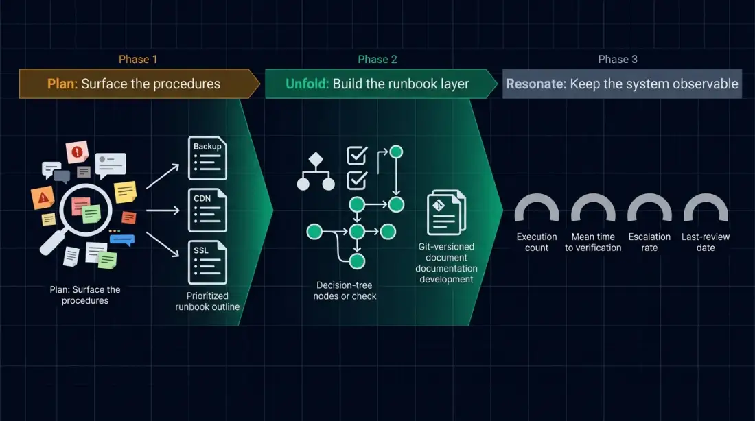 Planfold methodology for runbook-driven operations: The three phases Plan (surface procedures), Unfold (build runbook layer), and Resonate (keep system observable) as a horizontal process flow with decision trees, verification checks, and monitoring dashboard