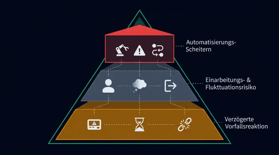Pyramide der versteckten Kosten undurchsichtiger Abläufe: Reaktionszeit bei Vorfällen bildet die Basis, Einarbeitungsrisiko die Mitte, Automatisierungs-Scheitern die Spitze