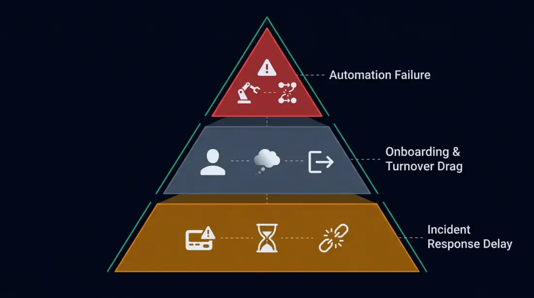 Pyramid of hidden costs from opaque procedures: incident response delay forms the base, onboarding risk the middle, automation failure the top