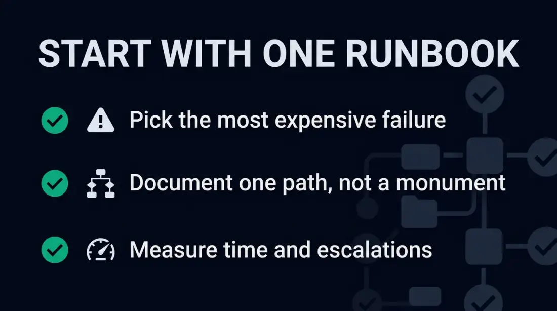 Practical starting point for runbook adoption: Pick the most expensive failure, document one path, measure the change