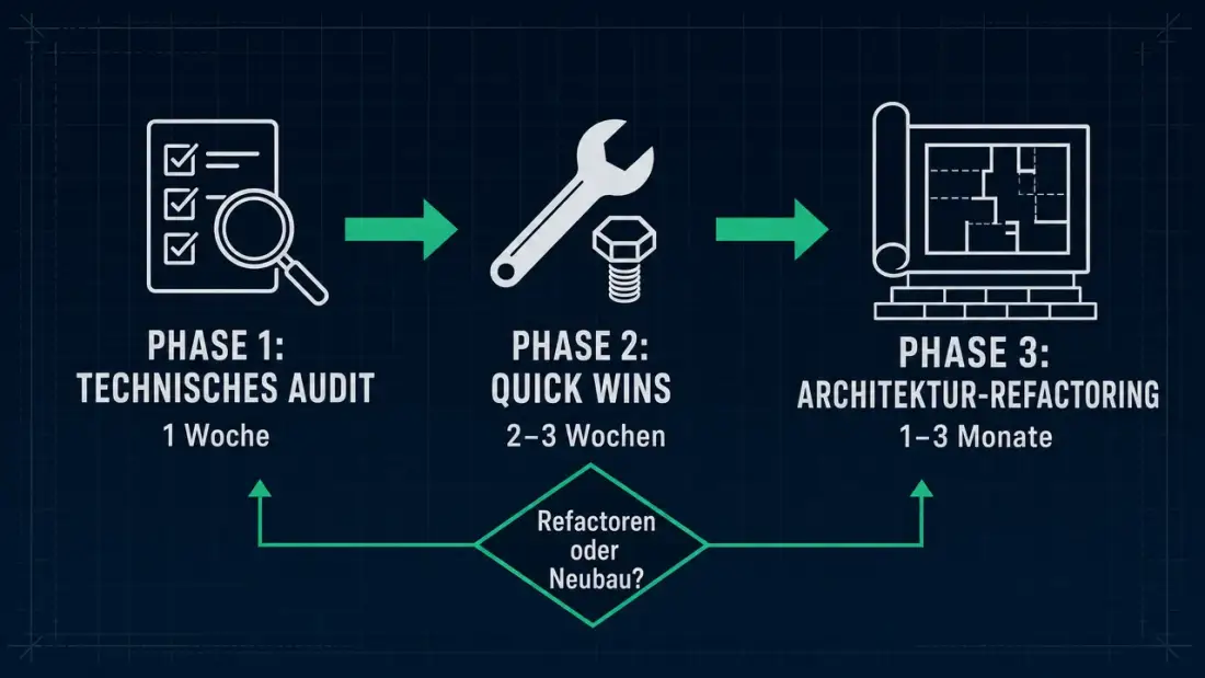 Der dreiphasige Verbesserungspfad: Audit, Quick Wins, Architektur-Refactoring