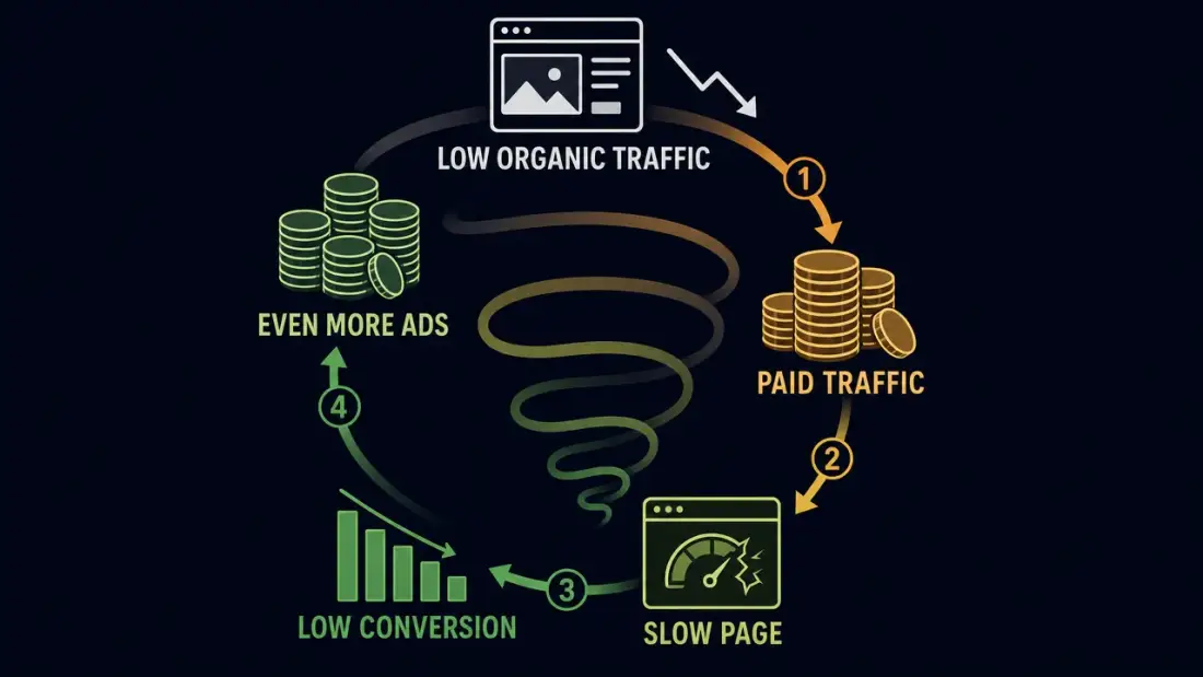 The paid-ad spiral: low organic traffic leads to rising ad costs