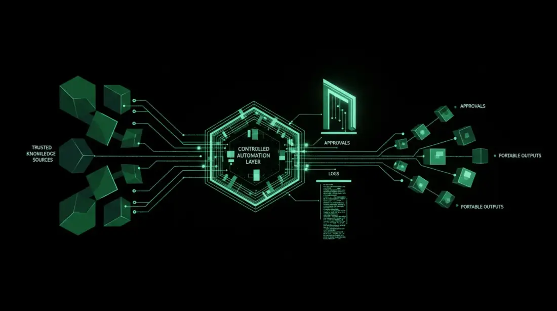 Prozessmodell einer souveränen digitalen Firmenzentrale mit Wissensquellen, Automatisierung, Freigaben, Protokollen und portablen Ergebnissen