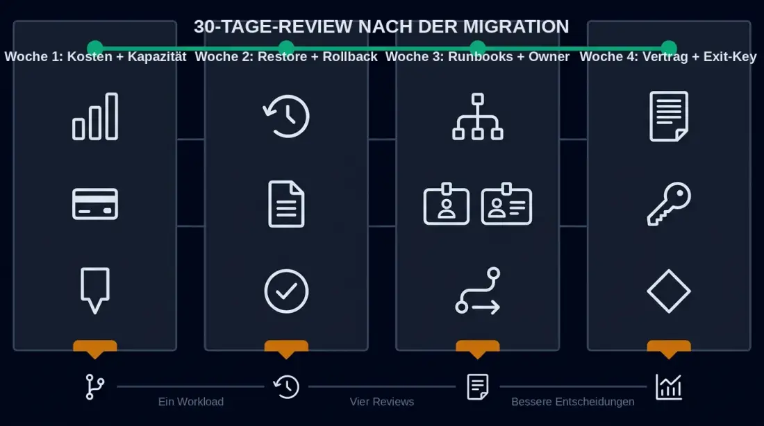 Vier-Wochen-Rhythmus nach einer Migration: Kosten und Kapazität, Restore und Rollback, Runbooks und Owner, Vertrag und Exit-Key