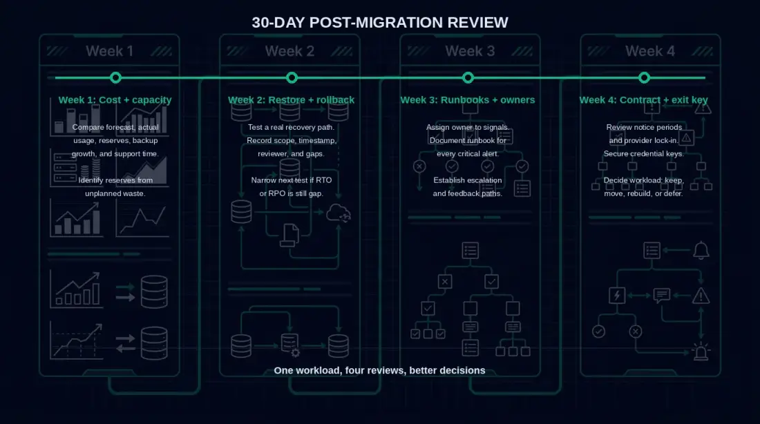 Four-week post-migration review rhythm: cost and capacity, restore and rollback, runbooks and owners, contract and exit key