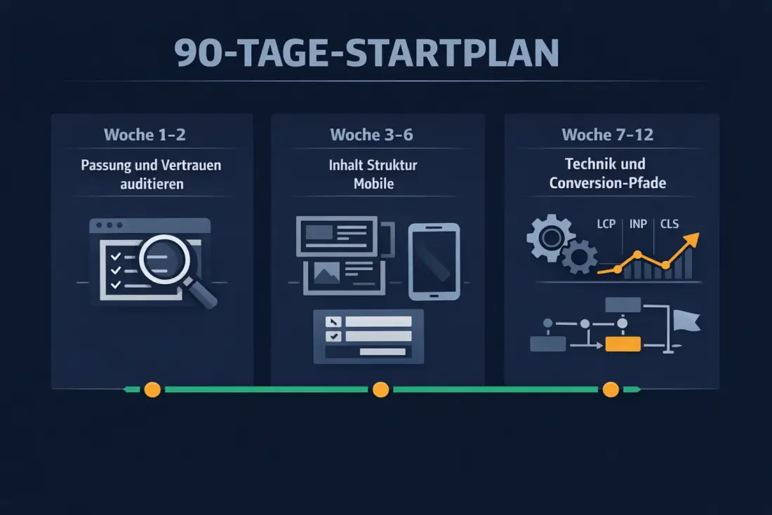 90-Tage-Startplan: Woche 1–2 Audit, Woche 3–6 Inhalt/Struktur/Mobile, Woche 7–12 Technik und Conversion-Pfade, dabei LCP · INP · CLS überwachen
