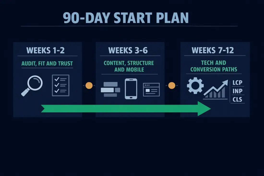 90-day start plan: weeks 1–2 audit, weeks 3–6 content/structure/mobile, weeks 7–12 tech and conversion paths, watching LCP · INP · CLS