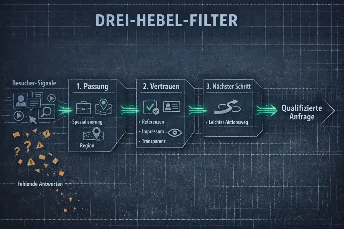 Drei-Hebel-Filter: Passung, Vertrauen, nächster Schritt führen zu einer qualifizierten Anfrage oder zeigen eine fehlende Antwort