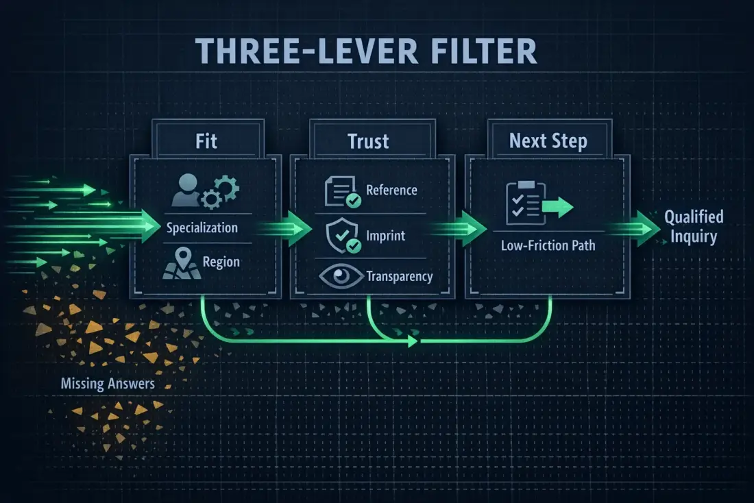 Three-lever filter: fit, trust, and next step lead to a qualified inquiry or reveal a missing answer