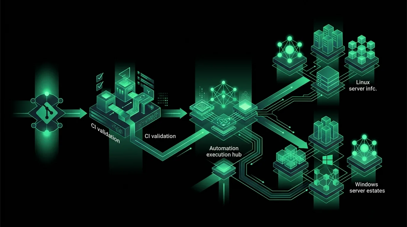Abstract editorial diagram of Git-governed infrastructure operations across Linux and Windows systems