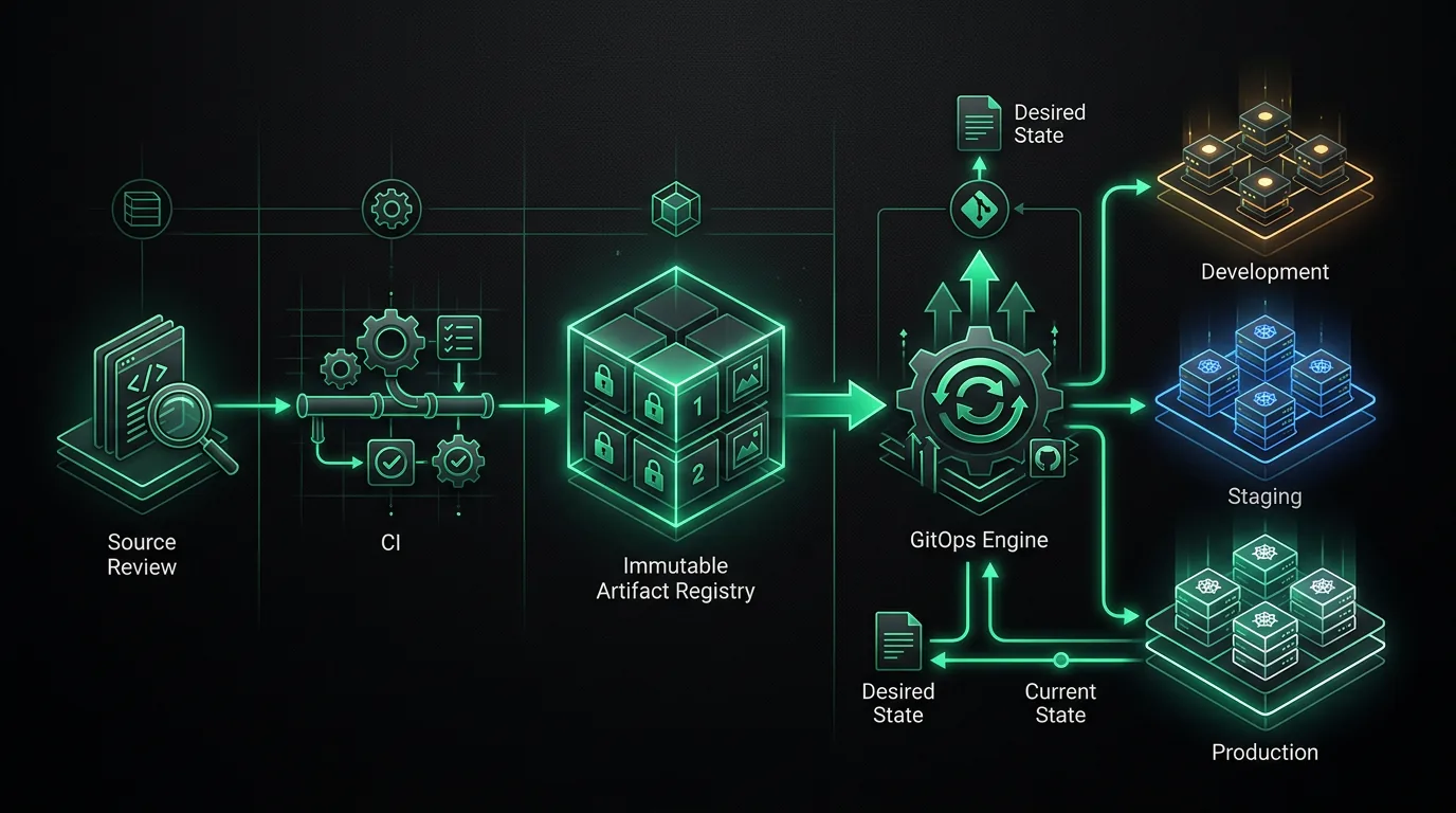 Abstract editorial diagram of a controlled Kubernetes delivery chain from GitLab to staged cluster environments