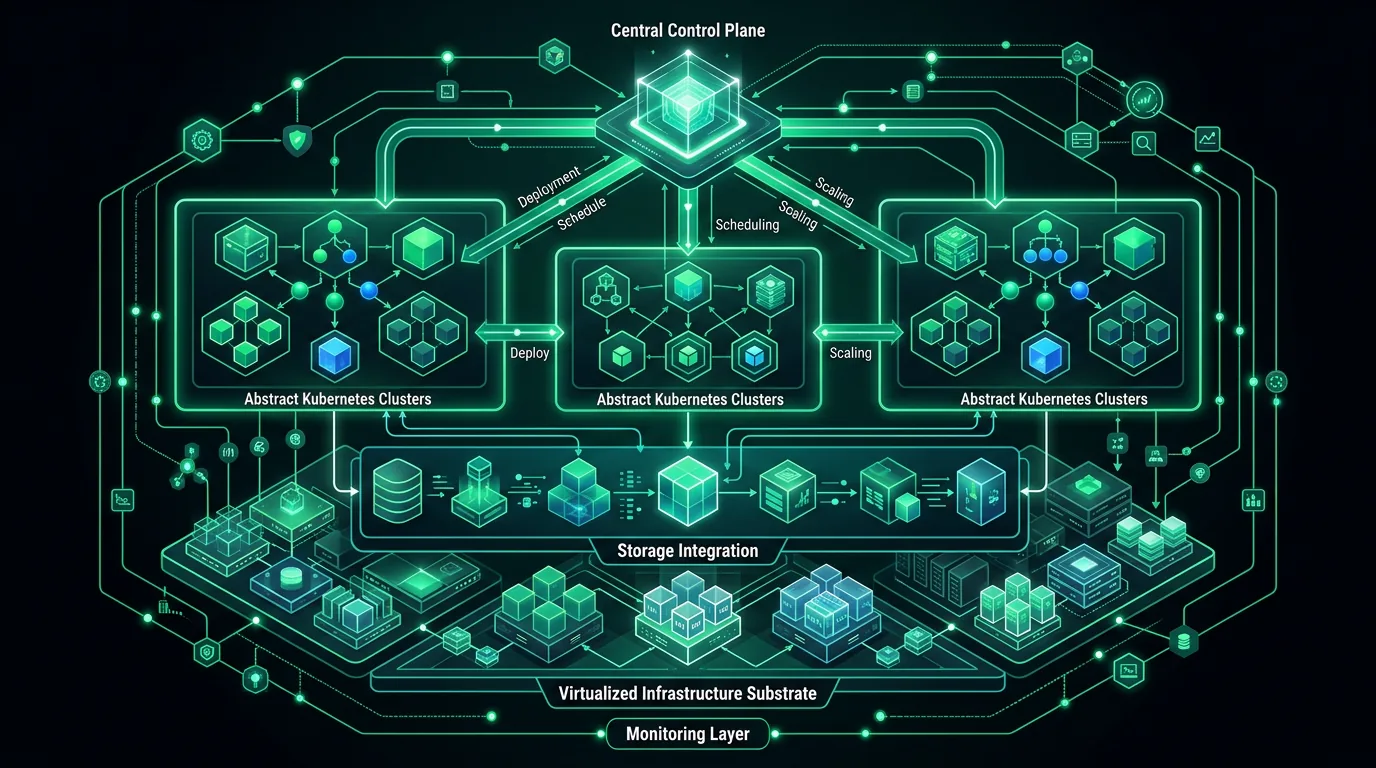 Abstract editorial diagram of Rancher-managed Kubernetes clusters on virtualized infrastructure with monitoring and storage integration
